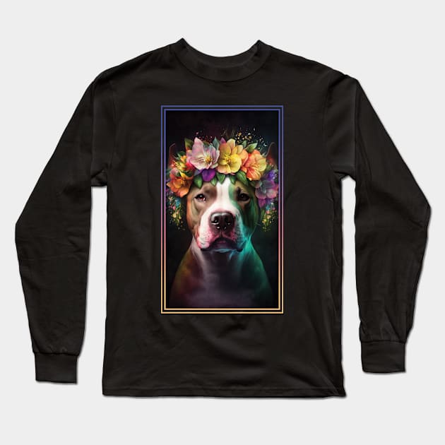 American Staffordshire Terrier Pitbull Vibrant Tropical Flower Tall Digital Oil Painting Portrait  11 Long Sleeve T-Shirt by ArtHouseFlunky